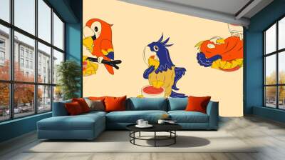 Set of  parrots mascots eat nachos. Mexican nachos chips fast food snack Wall mural