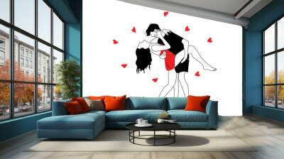 Set of three Love tenderness and romantic feelings concept. Young loving smiling couple boy and girl standing hugging each other feeling in love illustration Wall mural