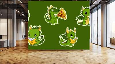 Set of Vector Stock Illustration isolated Emoji characters green cartoon dragon dinosaur laughs sticker emoticon for site, info graphics, video, animation, websites, mail, newsletters, reports, comic Wall mural