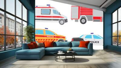 Set of Vehicles of various emergency services vehicle vector illustration. Police, ambulance, fire brigade, rescuers isolated on white background Wall mural