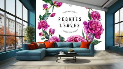 Fuchsia Peonies and Dragonflies Watercolor Wreath Wall mural