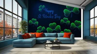 St. Patricks Day greeting card template with glowing low polygonal green shamrock leaves. Wall mural