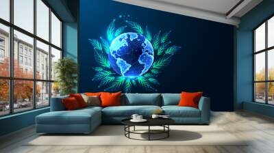 Sustainability, reforestation, climate change awareness concept with green leaves on Earth Wall mural