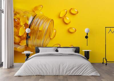 top view of fish oil capsules bottle on yellow background with copy space for text Wall mural