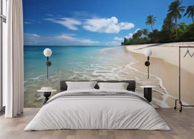 Tropical beach with sandy shore and distant island in the background, serene and picturesque scene Wall mural