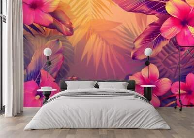 Tropical flowers and leaves background. Vibrant pink and golden gradient colors. Modern illustration. Wall mural