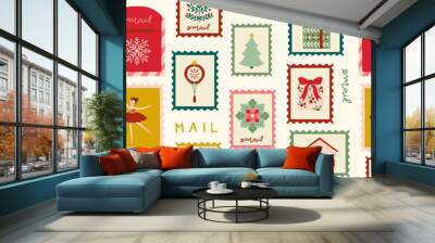 Vector Christmas Seamless Pattern with Mailbox and Stamps Wall mural