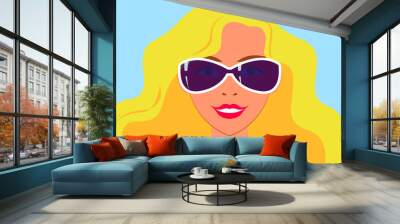 Vector illustration - a close-up portrait of a glamorous blonde woman with wavy hair wearing sunglasses with a smile. Concept avatar Wall mural