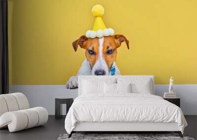 Cute dog with a party hat celebrating his birthday Wall mural