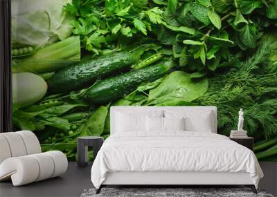 Green vegetables and dark leafy food background as a healthy eating concept Wall mural