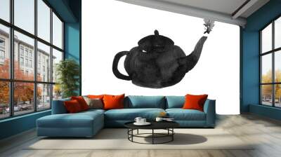 Watercolor ink teapot chinese style with brush strokes on white background Wall mural