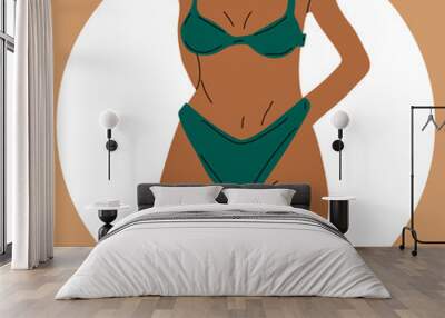 Woman in bikini. Beach underwear. Love and accept any body type. Healthy body, Body positive, fat acceptance movement, lifestyle and fashion concept. Hand drawn Vector illustration Wall mural