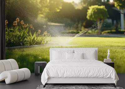 a sprinkler irrigates a flowerbed on a grass lawn with water in a summer garden. Watering green vegetation, digging in the dry season to maintain its freshness. Wall mural