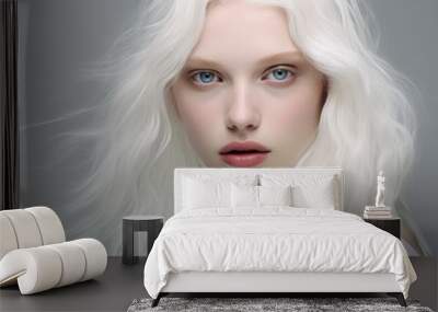 Albino girl with white skin, natural lips and white hair. Photo of a face on a light background. Blonde Wall mural