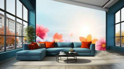 Beautiful natural background with spring and lazy flowers on a blurred background with space. Ultra-wide panoramic landscape, banner format. Wall mural