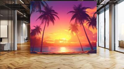 Cartoon panoramic landscape, sunset with palm trees on a colorful background. ocean with palm trees at sunset Wall mural