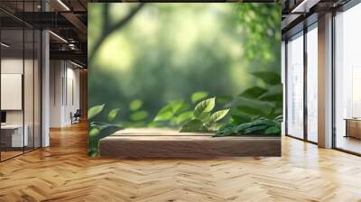 empty wooden tabletop podium in garden open forest, blurred green plants background with space. organic product presents natural placement pedestal display, spring and summer concept. Generative AI Wall mural