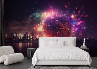 Holiday. A skyline with fireworks lights up the sky. Beautiful night view of the city landscape. Holidays, New Year celebration. generative ai Wall mural