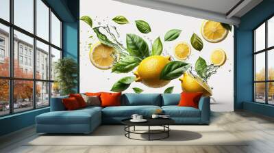 set with fresh whole and cut lemons with green leaves falling into the air on a white background. Food levitation or weightlessness concept. Generative AI Wall mural