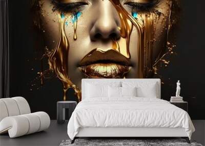 Spots of gold paint dripping from the face, lips and hands, lip gloss dripping from the lips, golden liquid drops on the girl's mouth, golden metallic skin makeup. generation al Wall mural