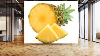 pineapple juicy yellow fruit with slices and leaf isolated on white background Wall mural