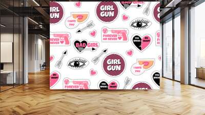 Fashion stickers, patches and pins in style pop art. Seamless pattern with girl gun, arrows, hearts, eyes. Forever or never. You break my heart. I hate you.  Wall mural