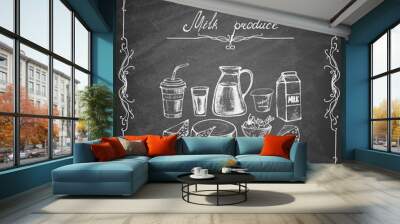 Milk products collection. Hand drawn elements. Vector illustration. Wall mural