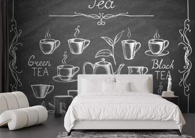 Set of tea collection with a tea cup in vintage style on chalkboard. Vector illustration. Wall mural