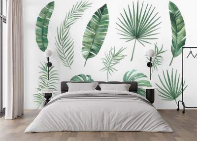 Set of tropical leaves. Watercolor illustration. Wall mural