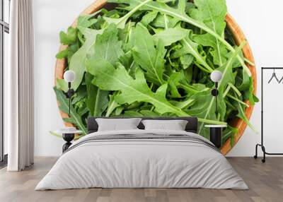 Fresh arugula salad in a plate on a white background, isolated. The view from top Wall mural