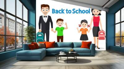 Parents take their children to school, characters on a white. Back to school. Wall mural