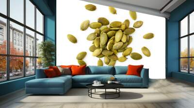 Pumpkin seeds scattered on a white. The view of the top. Wall mural