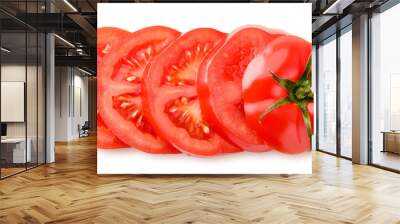 Ripe tomato cut into rings on a white background. The view from top Wall mural