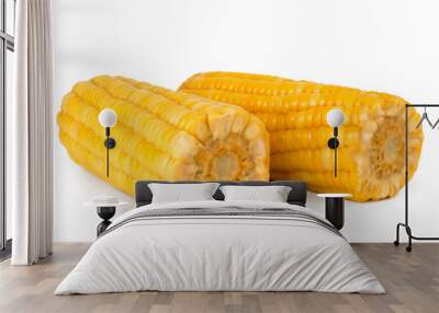 two boiled corn closeup on a white. isolated. Wall mural