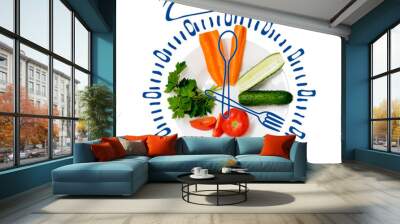 Vegetables in the plate and drawn clock on a white background, isolated. Wall mural