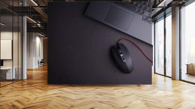 Above photo of laptop keyboard and computer game mouse isolated on the black background with empty space Wall mural