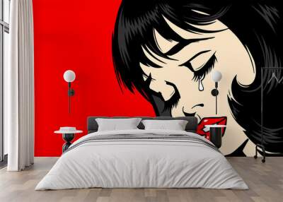 Pop Art Woman сlose-up. beautiful girl in pop art style crying. tear on the lady's face. The lush red lips of a sexy brunette. Vector. Illustration on red background. Women Health. Menstruation. Wall mural