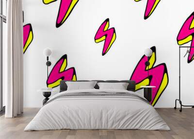 Lightning strikes, bolts seamless pattern in retro cartoon 80s style. Thunder lights wallpaper. White background. Wall mural