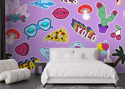 Seamless pattern with lips, hearts, cactuses, watermelon, slang phrases, pizza,etc. Purple vector background with stickers, pins, patches in quirky cartoon style. Wall mural