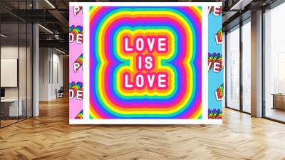 Set of LGBT pride month poster and 2 seamless patterns with rainbow-colored patches “Love“ and 