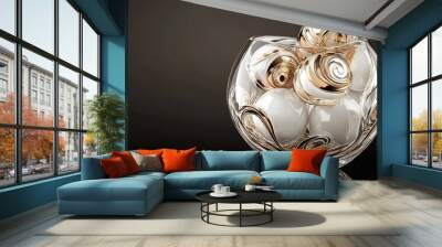 3D rendering of glossy white and gold spheres and glass spheres with white and gold swirls in an elegant vase against a dark background with reflective lighting and a luxurious finish. Wall mural