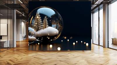 3D rendering of magical, glossy Christmas balls and glass spheres with snow-covered trees inside on a dark blue background with reflective lighting and luxury finishing. Wall mural