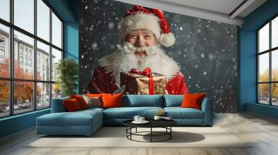 Happy Santa Claus with a gift on a Christmas background. Advertising New Year's Christmas discount, Christmas promotion. Christmas and New Year concept Wall mural