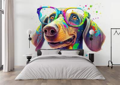 Cartoon colorful dog with sunglasses on white background, dachshund. Created with generative AI Wall mural