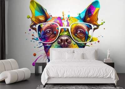 Cartoon colorful dog with sunglasses on white background. Created with generative ai Wall mural