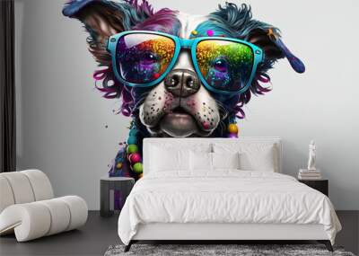 Cartoon colorful dog with sunglasses on white background. Created with  generative ai Wall mural