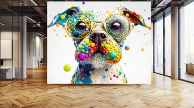 Cartoon colorful dog with sunglasses on white background. Created with generative AI Wall mural