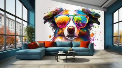 Cartoon colorful dog with sunglasses on white background. Created with  generative ai Wall mural