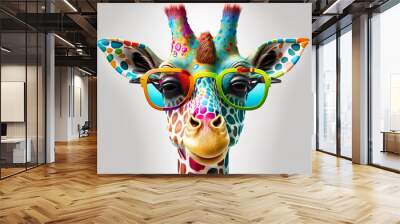 Cartoon colorful giraffe with sunglasses on white background. Created with generative AI Wall mural