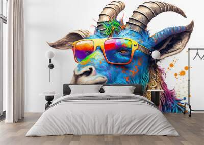 Cartoon colorful goat with sunglasses on white background. Created with generative AI Wall mural